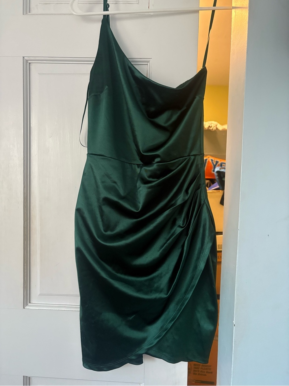 Windsor Emerald Green Satin Slip Dress with Draped Skirt, one strap